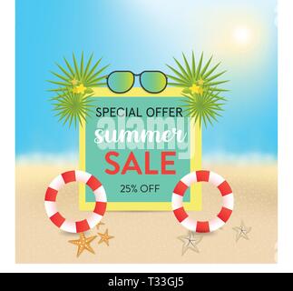 Estate vendita spiaggia luccicanti sfondo con foglia e anello di gomma. Sfondo vettoriale per banner, poster, volantini, scheda, cartolina, coprire e brochure Illustrazione Vettoriale