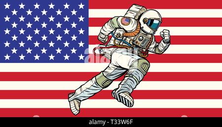 Astronauta americano patriot corre in avanti. Bandiera degli Stati Uniti. La Pop art retrò illustrazione vettoriale kitsch vintage Illustrazione Vettoriale