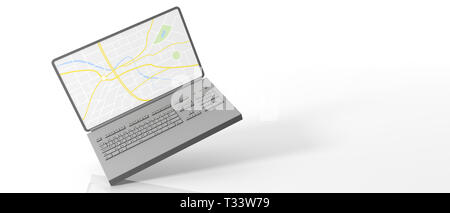 Mappa della città, route. Laptop battenti isolati su sfondo bianco, mappa sullo schermo del computer, banner, copia dello spazio. 3d illustrazione Foto Stock