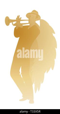 Silhouette di un angelo con grandi ali, indossando hat suonare la tromba, isolato su sfondo bianco Illustrazione Vettoriale