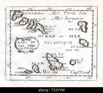 Mappa Antico delle Isole di Capo Verde e Mar dei Sargassi da Pierre Duval, pubblicato a Parigi, 1682 Foto Stock