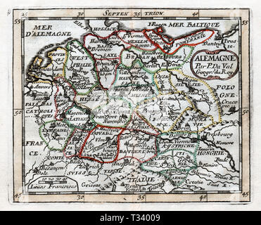 Antica mappa della Germania, Olanda, Austria e Ungheria in Europa da Pierre Duval, pubblicato a Parigi, 1682 Foto Stock