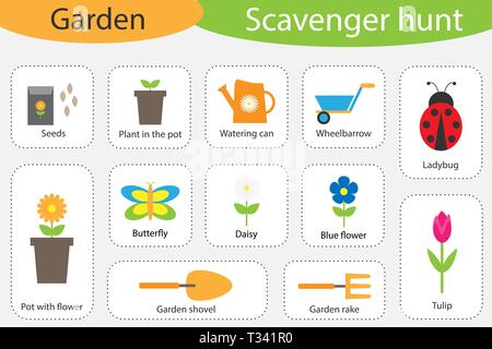 Caccia al tesoro, tema del giardino, diverse immagini colorate per i bambini, educazione divertente ricerca gioco per i bambini, di sviluppo per i bambini in età prescolare, activi Illustrazione Vettoriale
