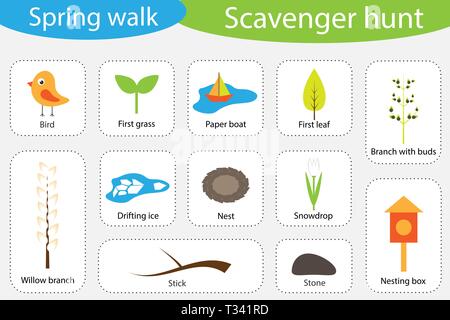 Caccia al tesoro, molla a piedi, diverse immagini colorate per i bambini, educazione divertente ricerca gioco per i bambini, di sviluppo per i bambini in età prescolare, attività Illustrazione Vettoriale