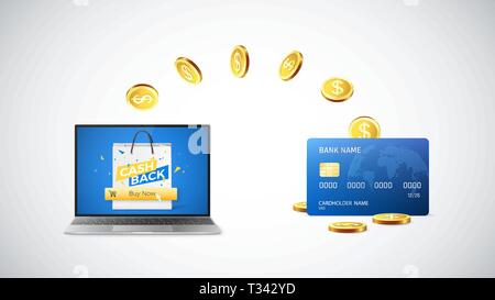 Cashback concetto. Le monete d'oro ritorno alla carta di credito dopo l'acquisto di cose online. Shopping online con cashback. Vettore Illustrazione Vettoriale