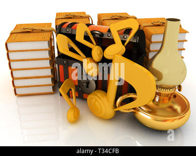 Petto con libri in pelle intorno, kerosene golden lampada e note musicali accanto a. Concetto retrò del meglio del meglio di educazione musicale. 3D render Foto Stock