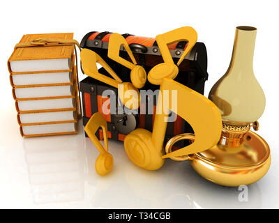 Petto con libri in pelle intorno, kerosene golden lampada e note musicali accanto a. Concetto retrò del meglio del meglio di educazione musicale. 3D render Foto Stock