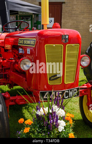 In condizioni immacolate, rosso David Brown 880 Implematic serie trattore classico, parcheggiato & sul display - Grande spettacolo dello Yorkshire, Harrogate, Inghilterra, Regno Unito. Foto Stock