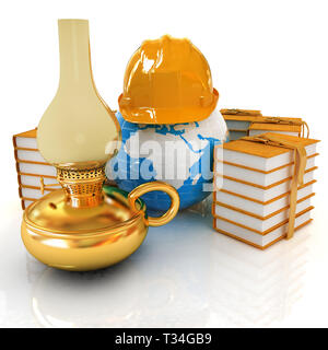 Oro vecchio retrò lampada di kerosene, terra di elmetto e libri. 3D render Foto Stock