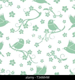Modello senza cuciture con rami sakura, uccelli. In Giappone la natura. Rami di fiori di ciliegio. Design per scheda, annuncio, pubblicità, banner o stampare Illustrazione Vettoriale