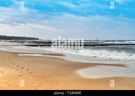 Spiaggia di sabbia con pennelli sul Mar Baltico, Kolobrzeg, West Pomerania, Polonia, Europa Foto Stock