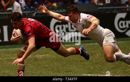 Hong Kong, Cina. 6 apr, 2019. Noi di Rugby ha perso l'uomo il qualificatore contro il Galles rigature 19-21 il secondo giorno, HK Sevens 2019.ZUMA/Liau Chung-ren Credito: Liau Chung-ren/ZUMA filo/Alamy Live News Foto Stock