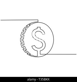 Medaglia con il simbolo del dollaro è prelevata da una linea su uno sfondo bianco. Singola linea disegno. Linea continua. Vettore Illustrazione Vettoriale