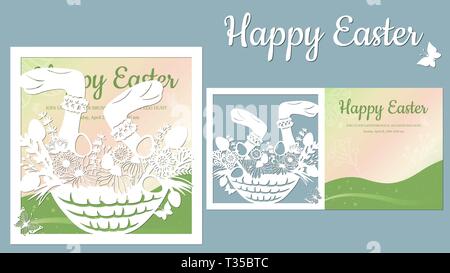 Le zampe di lepre, basket, butterfly, Tarassaco, erba. Cartolina Carta uovo di Pasqua e fiori in cesto. Taglio Laser. cartolina modello per taglio laser Illustrazione Vettoriale
