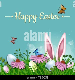 Vector vintage, sfondo realistico per la Pasqua. Modello. Orecchie di coniglio fuori dell'erba e la carta con posto per congratulazioni Illustrazione Vettoriale