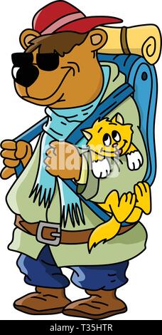 Cartoon orso bruno va in campeggio con il suo amico gatto illustrazione vettoriale Illustrazione Vettoriale