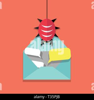 E-mail infette icona. aperto mail virus e malware bug. illustrazione vettoriale in design piatto su sfondo rosso Illustrazione Vettoriale