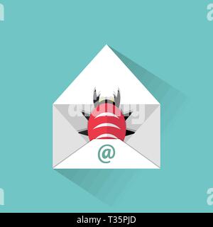 E-mail infette icona. aperto mail virus e malware bug all'interno. illustrazione vettoriale in design piatto su sfondo verde Illustrazione Vettoriale