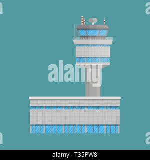 Aeroporto di grigio e torre di controllo terminal. illustrazione vettoriale in design piatto su sfondo verde Illustrazione Vettoriale