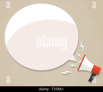 Cartoon megafono con bolla bianca per il testo. il social media marketing concetto. illustrazione vettoriale in design piatto su sfondo marrone Illustrazione Vettoriale
