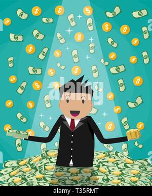 Happy businessman cartoonl sollevando da enorme di denaro verde banconote e monete d'oro pila. pioggia di denaro. illustrazione vettoriale in design piatto sul verde backgro Illustrazione Vettoriale