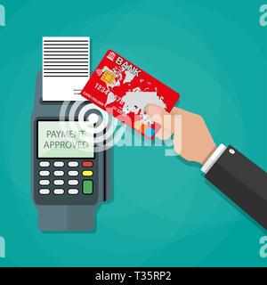 Mano umana con carta di plastica in banca e terminale pos. nfc pagamenti concetto, near field communication technology. illustrazione vettoriale in design piatto su g Illustrazione Vettoriale