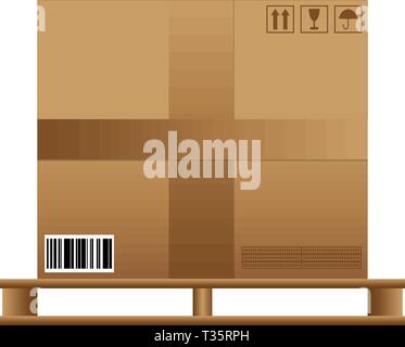 Big marrone astuccio chiuso scatola di mandata con segni di fragilità e di codice a barre su pallet di legno. illustrazione vettoriale isolati su sfondo bianco Illustrazione Vettoriale