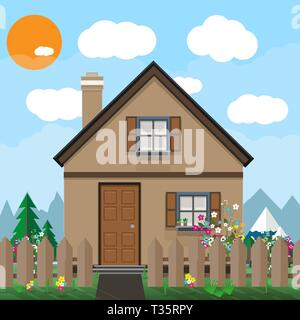 In legno marrone la casa e il giardino con fiori. montagne, cielo blu, il bianco delle nuvole. sun. estate sfondo. illustrazione vettoriale in design piatto Illustrazione Vettoriale