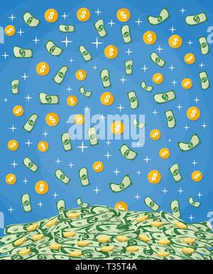 La caduta di denaro dollari e monete d'oro in grande mucchio di denaro. illustrazione vettoriale in design piatto su sfondo blu Illustrazione Vettoriale