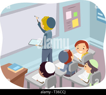 Illustrazione di Stickman Bambini i ragazzi ebrei in aula con docente scrivendo su una lavagna bianca Foto Stock