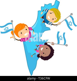 Illustrazione di Stickman Kids su Israele Mappa tenendo la bandiera di Israele Foto Stock