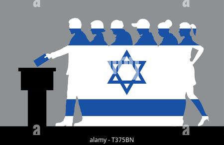 Gli elettori israeliani folla silhouette come bandiera di Israele con il voto per l'elezione. Tutte le silhouette di oggetti e sullo sfondo sono in diversi strati. Illustrazione Vettoriale