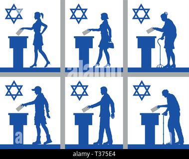 I cittadini israeliani di votare per elezioni in Israele. Tutti gli oggetti di silhouette e gli sfondi sono in diversi strati. Illustrazione Vettoriale