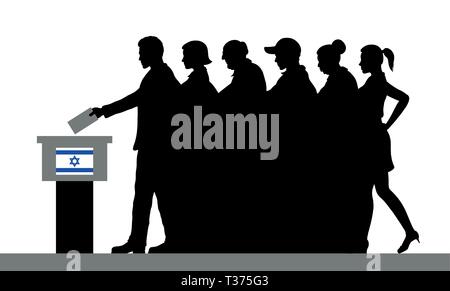Gli elettori israeliani folla silhouette con il voto alle elezioni in Israele. Tutte le silhouette di oggetti e sullo sfondo sono in diversi strati. Illustrazione Vettoriale