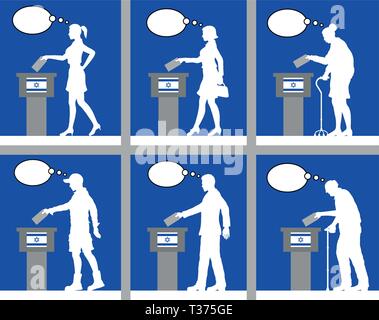 I cittadini israeliani il voto per le elezioni in Israele con bolle di pensiero. Tutti gli oggetti di silhouette e gli sfondi sono in diversi strati. Illustrazione Vettoriale