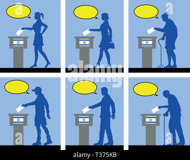 I cittadini israeliani il voto per le elezioni in Israele con discorso bolla. Tutti gli oggetti di silhouette e gli sfondi sono in diversi strati. Illustrazione Vettoriale