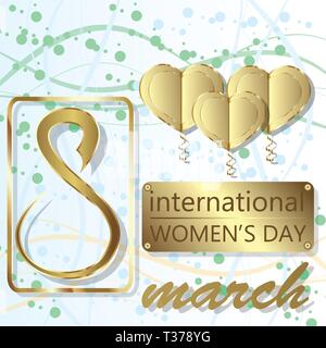 Giornata della donna greeting card illustrazione vettoriale. Cuore d'oro. Illustrazione Vettoriale