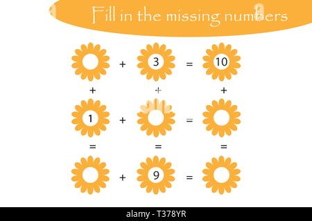Matematica gioco con i fiori per i bambini, riempire i numeri mancanti, livello facile, educazione gioco per bambini, scuola di attività del foglio di lavoro, compito per svil Illustrazione Vettoriale