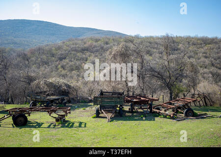 Cinque abbandonato vecchia fattoria arrugginito rimorchi seduto in erba verde campo nel cortile a inizio primavera giornata soleggiata, con sfondo senza terminali foresta. La Bulgaria, Foto Stock