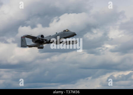 Un A-10 Thunderbolt II assegnati per la 190Fighter Squadron partecipa al volo finale cerimonia per 124Fighter Wing Commander Col. Tim Donnellan al campo Gowen Boise, Idaho, Aprile 5, 2019. Donnellan volato oltre 3.300 ore in un-10 durante la sua carriera come pilota di caccia. (U.S. Air National Guard foto di Airman 1. Classe Taylor K. Walker) Foto Stock