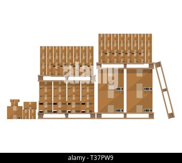Set di chiuso in cartoncino marrone consegna in scatole di varie dimensioni con segni di fragilità e di codice a barre su pallet di legno. illustrazione vettoriale in design piatto isolare Illustrazione Vettoriale
