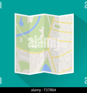 Carta piegata mappa della città. Abstract generiche città mappa con strade, edifici, parchi, river. Mappa della città icona con lunga ombra. Mappa stradale e direzione del vettore. Illustrazione Vettoriale