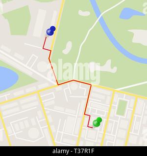 Abstract generiche città mappa con strade, edifici, parchi, river. Mappa della città e verde, blu pin icone. Mappa stradale e direzione. illustrazione vettoriale Illustrazione Vettoriale