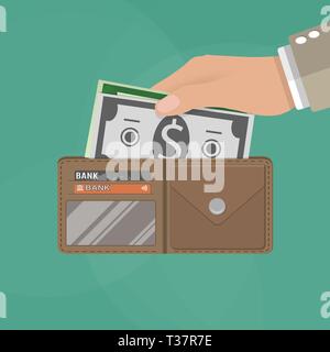 Le mani umane mettendo dollari in contanti in aperto in pelle marrone uomini portafoglio con carte di credito. illustrazione vettoriale in design piatto su sfondo verde Illustrazione Vettoriale
