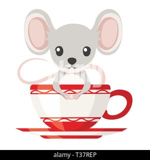 Carino piccolo grigio topo è seduto in una tazza alta. Animali Cartoon character design. Piatto illustrazione vettore isolato su sfondo bianco. Illustrazione Vettoriale