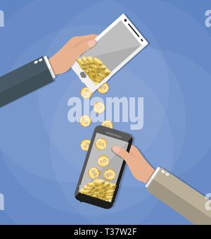 Mobile banking concpet. La gente di invio e di ricezione di denaro senza fili con i telefoni cellulari. Mani tenendo i telefoni intelligenti con pagamento bancario app. Ve Illustrazione Vettoriale