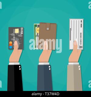 Mani detiene il portafoglio con contanti, carta di credito carta di debito e di assegno bancario. Opzioni di pagamento, illustrazione vettoriale in stile piatto su sfondo verde Illustrazione Vettoriale