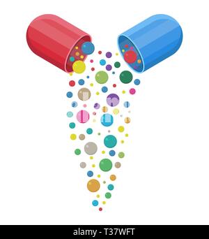 Farmaceutica capsula con vitamine e minerali all'interno, pillola e cura sano, healthcare. illustrazione vettoriale in stile piatto isolato su bianco backg Illustrazione Vettoriale