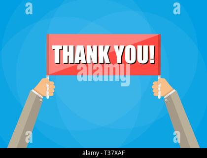 Le mani umane tenendo la piastra di rosso con parole grazie, illustrazione vettoriale in stile piatto su sfondo blu Illustrazione Vettoriale