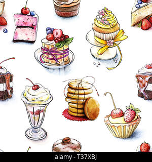 I cookie associati con stringa isolati su sfondo bianco. Disegnate a mano acquerello. Modello senza giunture dei dolci. Foto Stock